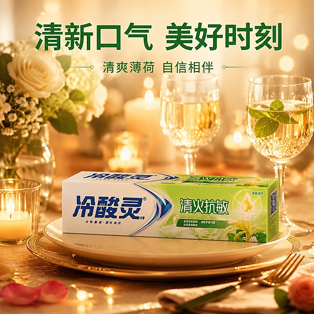 冷酸灵清火抗敏牙膏浪漫烛光场景主图，温馨氛围风，商业摄影质感。温馨餐厅桌面，冷酸灵清火抗敏牙膏放在精致餐盘旁，旁边有两杯饮品、鲜花装饰、柔和烛光，背景虚化暖光光斑，氛围温馨美好。保持牙膏盒外观与原图一致，无变形色差。商品主体占比约40%，画面满屏无边框。暖黄烛光，整体温馨有氛围感。画面上方文字：主标题"清新口气 美好时刻"绿色大号粗体，下方辅助小字"清爽薄荷 自信相伴"。1:1比例，超高清商业摄影质感。