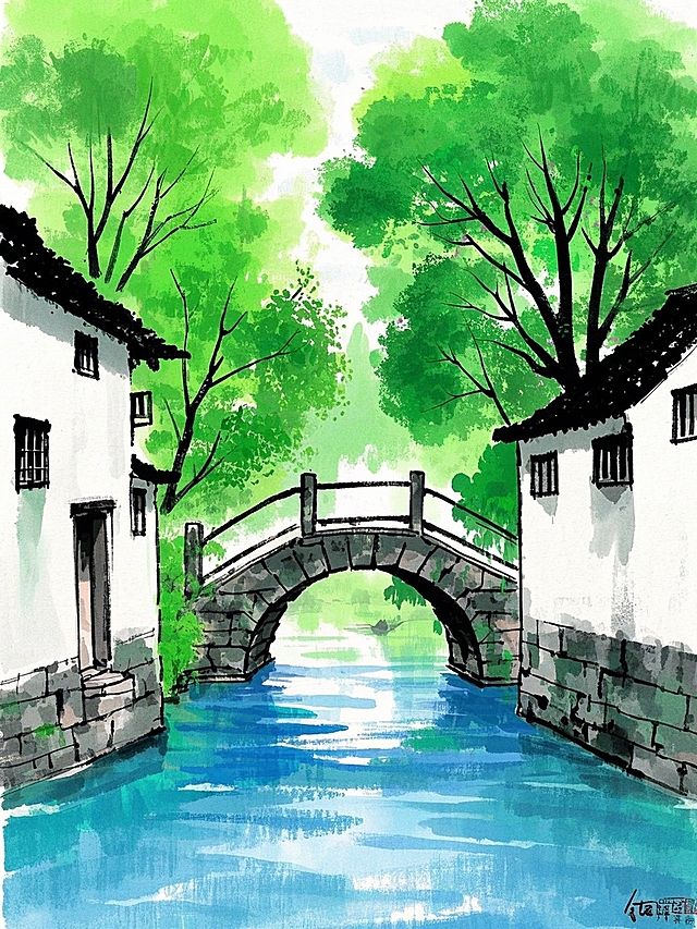 水彩风插画，清新文艺的江南水乡，绿树掩映石桥，印象派手法展现宁静之美。