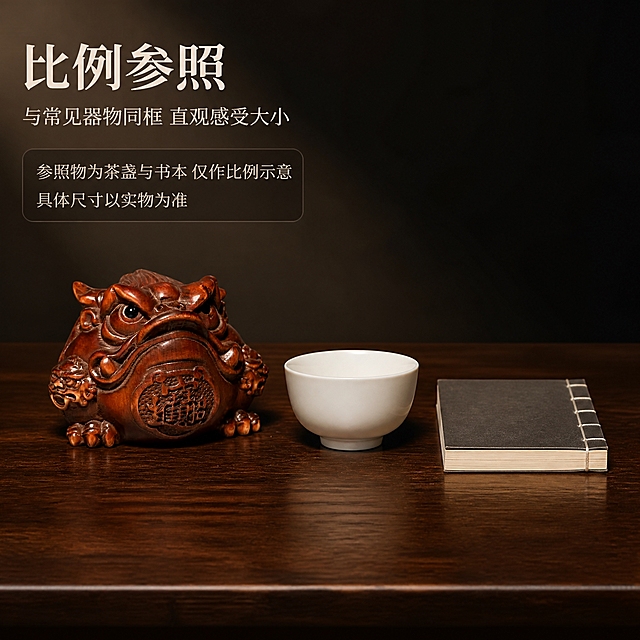 【拼多多主图第7张 比例参照】1:1 方形电商主图，新中式深色静物商业摄影。本张不得出现任何尺寸、重量、编号数字（包括刻度尺、cm、mm、参数表）。
[产品保真 最重要] 严格保持输入图外观：深红棕色黄杨木雕金蟾（蹲伏三足蟾：圆突双眼、阔口隆鼻、头顶上翘角状突、胸前圆形方孔钱纹、背部疙粒纹与卷云浮雕、身侧小蟾），形态、颜色、雕工细节不得改变，不得改变大小观感比例。
[构图] 金蟾居中占画面约45%，右侧并列摆放两件常见器物作尺寸参照：一只素面白瓷茶盏、一册素面线装书（封皮无任何文字与图案）；三件器物摆在同一深胡桃木台面上，与台面有真实接触阴影，台面为同一水平面、透视一致；背景深棕黑渐变墙面虚化。
[光影质感] 左上45度暖柔光，三者光影方向一致，金属与陶瓷为哑光质感，背景干净虚化。
[配色] 深棕黑背景、深胡桃木台面；标题暖米白，正文浅暖灰，强调暗金。
[文字版式] 左上主标题“比例参照”（宋体类衷线粗体、暖米白、最大字号），下方副标题“与常见器物同框 直观感受大小”（浅暖灰、字号缩小一半）；下方深棕黑半透明圆角信息卡内两行横向小字“参照物为茶盏与书本 仅作比例示意”“具体尺寸以实物为准”；所有文字一律横排单行。
[禁止] 任何尺寸、重量、容量、金额数字与刻度；参数表或数据框；文字竖排/旋转/单字竖列；功效类文案与绝对化用语；平台Logo、水印、二维码、装饰边框；茶盏与书册上出现任何文字或图标。