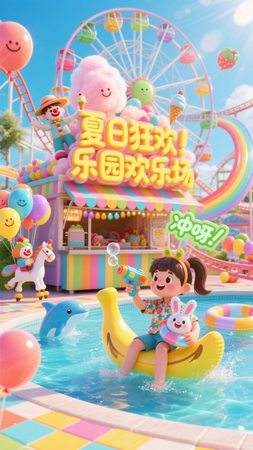 一个色彩缤纷的夏季游乐园，过山车轨道像彩虹般蜿蜒穿梭，摩天轮的座舱涂着明快的水果色。巨大的棉花糖摊位旁，许多 3D 的 Q 版游乐元素从摊位顶端涌出来 —— 戴着遮阳帽的旋转木马小马、举着冰淇淋的小丑预览效果