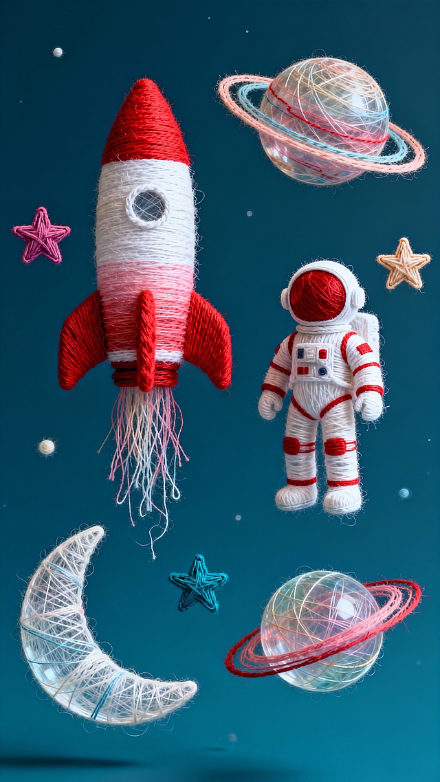 毛线绣织柔暖太空：红火箭 宇航员，透纱星环裹甜梦