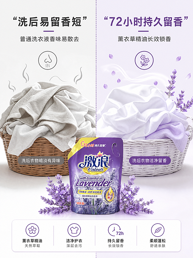 [第2屏] 洗衣痛点与留香效果对比。本屏使用【图1】作为商品主体。
[氛围/风格] 简洁对比风格，干净整洁，信息层级清晰，商业设计感。
[元素布局] 画面采用左右对比结构，左侧展示使用前痛点：暗淡衣物散发出异味示意图，右侧展示使用本品后：衣物蓬松洁净带有淡紫色薰衣草香气示意，洗衣液包装袋放在画面底部中央位置，占据约20%高度。保持产品包装外观颜色与输入图一致。左右分区用浅紫色竖线分隔，每个分区配有标题和简短说明。
[光影质感] 均匀柔和布光，左右区域亮度一致，对比清晰，无明显死黑和过曝。
[配色色系] 全局底色：#FFFFFF（纯白）；分区背景：左侧#F5F5F5，右侧#F0EBF8；文字颜色：#333333深灰，强调色#6F4298紫色。
[视角构图] 对称对比构图，左右分区均匀，产品主体在底部居中，信息阅读流畅，符合移动端浏览习惯。
[文字版式] 左侧分区顶部标题“"洗后易留香短"”，说明文字“"普通洗衣液香味易散去"”；右侧分区顶部标题“"72小时持久留香"”，说明文字“"薰衣草精油长效锁香"”。产品下方留出品牌信息位置，文字清晰不遮挡主体，字体层级分明，主标题加粗放大。
[比例分辨率] 3:4竖版比例，4K分辨率，文字清晰可辨，超高清。
[负向提示词] 产品变形，文字错乱，颜色偏差，恶心画面，夸张对比，水印，背景杂乱。