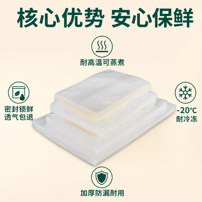 [主图-2] 透明食品真空袋核心卖点亮点展示图。
[氛围风格] 干净可信、实用清晰的电商展示风。
[画质] 商业摄影质感、光线柔和通透、产品清晰真实、画面干净高级。
[元素] 透明食品真空袋居中展示，预览效果