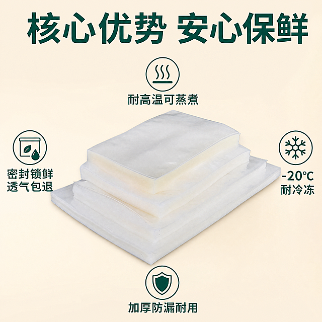[主图-2] 透明食品真空袋核心卖点亮点展示图。
[氛围风格] 干净可信、实用清晰的电商展示风。
[画质] 商业摄影质感、光线柔和通透、产品清晰真实、画面干净高级。
[元素] 透明食品真空袋居中展示，周围环绕展示四大核心亮点。保持真空袋外观（物理结构、材质质感、颜色）与输入产品图绝对一致，杜绝任何变形和色差，精细化处理。商品主体占比控制在60%左右。画面满屏无边框。
[光影] 均匀明亮棚拍光线，整体清晰无死角，每个亮点区域都明亮可读。
[配色] 背景干净浅米色，文字用深绿色，对比清晰。
[视角构图] 平视居中，构图规整，亮点环绕分布均匀。
[文字版式] 顶部大标题"核心优势 安心保鲜"，四个方向分别标注卖点：上方「耐高温可蒸煮」、右侧「-20℃耐冷冻」、下方「加厚防漏耐用」、左侧「密封锁鲜透气包退」，每个卖点搭配小图标点缀，文字清晰不遮挡主体。
[比例分辨率] 1:1 比例，4k 分辨率；文字清晰可辨，超高清。
[负向提示词] 变形，水印，文字错乱，产品图模糊，背景杂乱。