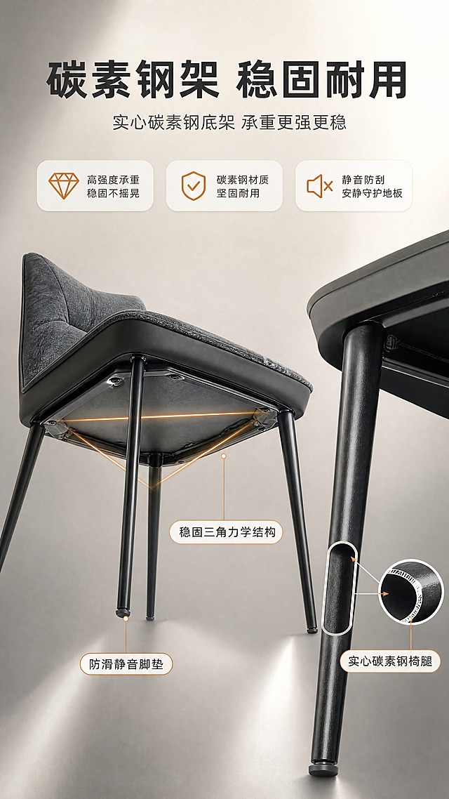 [商品] 使用【图1】左侧DY-8842A深灰色羊羔绒餐椅（椅腿底部特写）；保留实心碳素钢细椅腿的造型、黑色哑光质感、椅腿与椅座连接结构；商品处理：放大椅腿区域，增强金属质感与焊接细节，突出稳固感，不改变椅腿形状和颜色。
[画面] 目标：底架结构页，证明实心碳素钢材质的稳固与耐用。上文下景构图，顶部文案区，下方餐椅底部仰视角+椅腿特写组合，左侧整椅底部结构，右侧单根椅腿微距特写（展示碳素钢截面/管壁厚度示意）；产品底部结构占画面约65%；背景深灰渐变+聚光效果，突出金属质感但整体仍明亮。
[视觉] 套系策略：风格=现代轻奢亮调商业家居摄影；标题字=现代无衬线粗黑体；正文字=简洁无衬线体；主色=暖米白+浅灰；背景延展=基于暖米白做深浅层级、同色渐变和细腻哑光质感；强调色=焦糖橙，仅用于小面积图标、引线、标签和局部光效；标题色=深炭灰；正文色=中暖灰；组件=圆角浅底信息卡、细线引线、胶囊形卖点框；光影=侧上方聚光，突出金属光泽与结构，整体明亮不压抑。
[文字] 顶部主标题「碳素钢架 稳固耐用」（8字），副标题「实心碳素钢底架 承重更强更稳」（14字）；下方引线标注：「实心碳素钢椅腿」「防滑静音脚垫」「稳固三角力学结构」；文字横向排版，清晰可读。
[规格] 图片比例9:16竖版，4K分辨率，负向提示：避免变形、错字、文字过小、暗调全黑、椅腿结构失真、金属质感虚假。