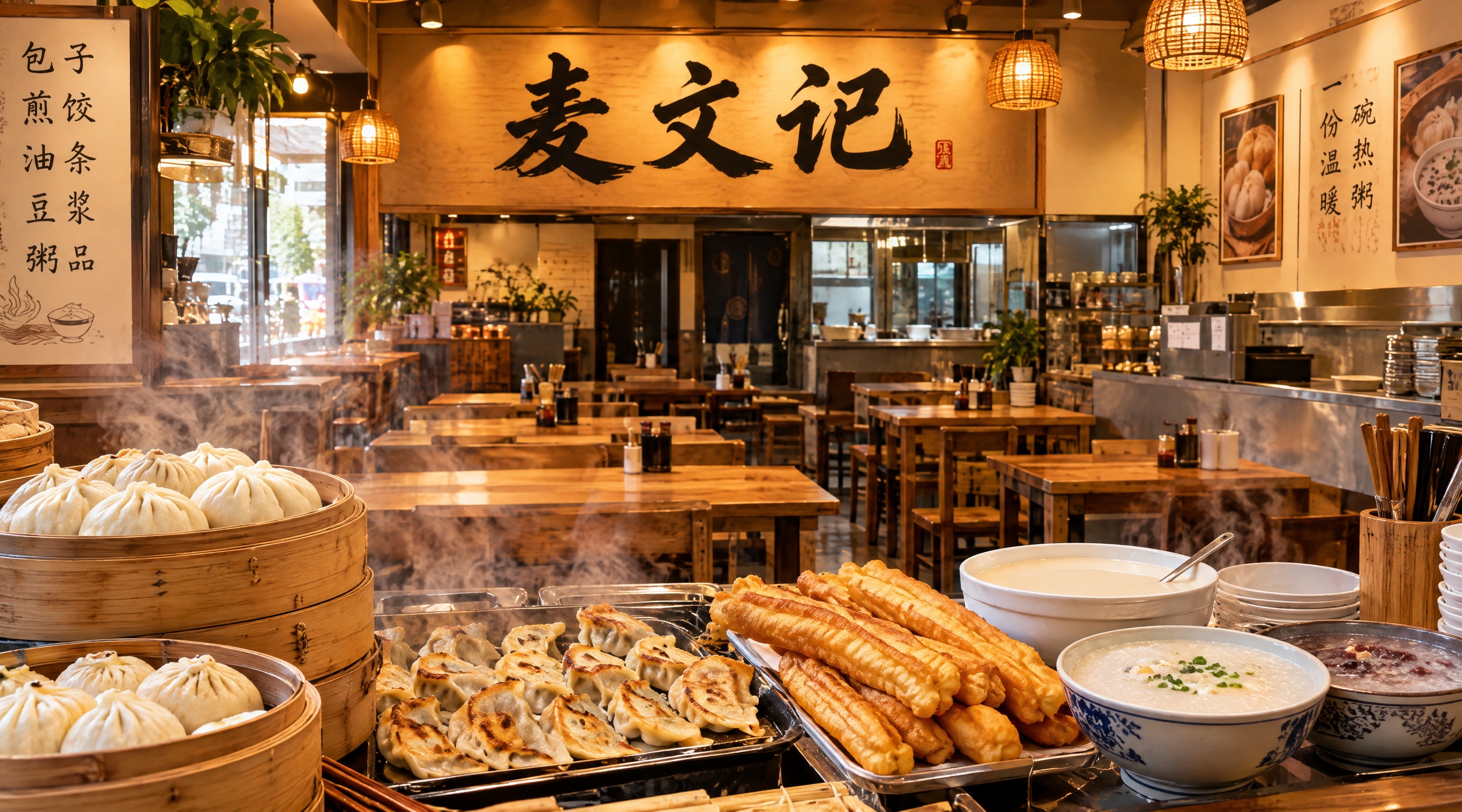 写实摄影风格的早餐店店招设计，横版长方形构图，画面展示温馨的早… - 图片创意预览