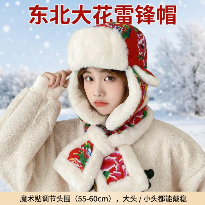 这是一款民族风大花雷锋帽，换个背景，要在雪地里拍照的场景，要符合逻辑，不要太假，背景虚化，视觉中心是帽子，第一眼就要看到帽子，主次要分明，添加【东北大花雷锋帽】【魔术贴调节头围（55-60cm），大头预览效果