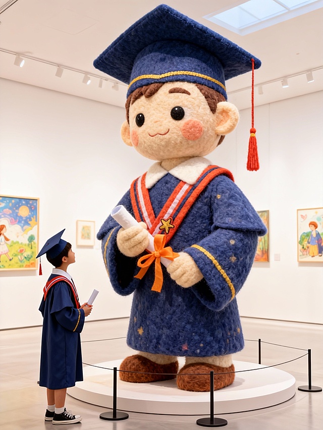 把图片主体做成充满创意和梦幻色彩的绘本风格的巨型毛毡艺术卡通风格雕塑放置在画面中心（主体的穿搭保持不变），主体站在一旁欣赏（与巨型主体形成比例反差），围栏隔离展示，背景是明亮的艺术展厅