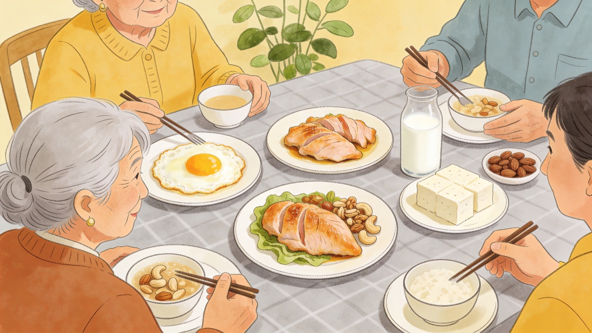 中老年人健康饮食主题手绘插画，展示餐桌上丰富蛋白质餐食的场景，体现保证蛋白质摄入预防肌肉流失的健康理念，手绘插画风格，温馨温暖，画面无任何文字预览效果