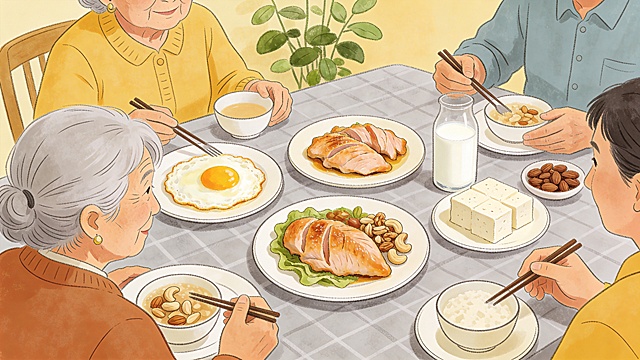 中老年人健康饮食主题手绘插画，展示餐桌上丰富蛋白质餐食的场景，体现保证蛋白质摄入预防肌肉流失的健康理念，手绘插画风格，温馨温暖，画面无任何文字