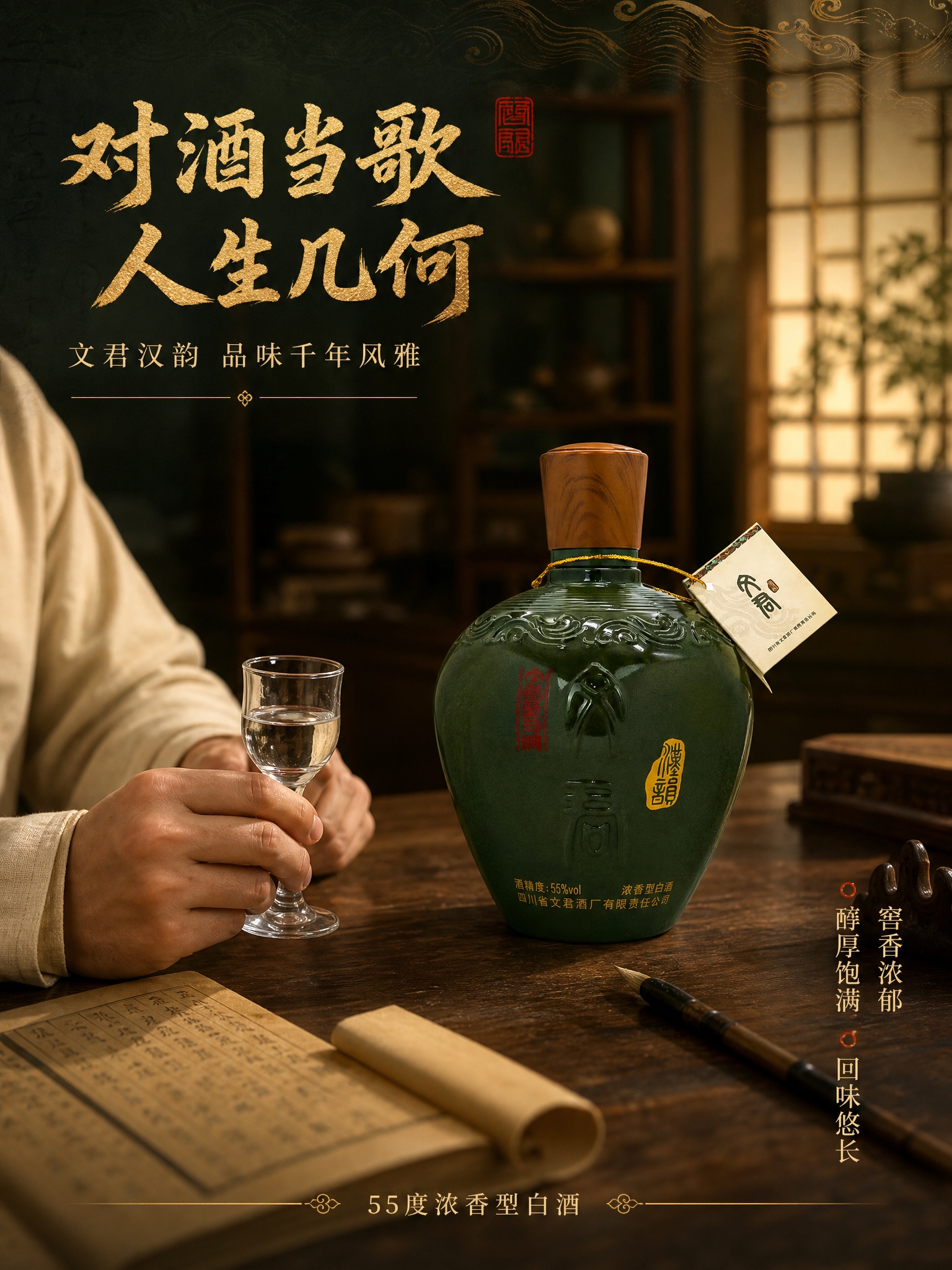 [商品] 使用【图1】文君汉韵酒瓶；保留墨绿色陶坛瓶身、木纹瓶… - 图片创意预览