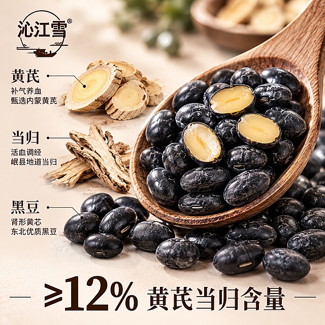 [主图-3] 沁江雪黄芪当归黑豆 细节与成分 微距质感+成分展示。
[氛围风格] 微距细节种草风，精致质感，成分可视化；
[画质] 商业摄影质感、微距细节清晰、产品纹理真实、画面干净高级。
[元素] 画面中央偏右是一大勺黑豆特写，木勺从右上斜向左下，勺中黑豆颗粒饱满，表面纹理清晰，有几颗被切开展示肾形黄芯切面，切面黄芯通透有光泽；勺下方散落更多黑豆，堆叠自然有层次。左侧为成分展示区：黄芪切片、当归条、黑豆原料分别摆放，每种原料旁有细线引线和说明文字；背景为浅米色哑光台面+柔和虚化光斑，干净通透有高级感；左上角沁江雪品牌Logo。整体突出食材细节和成分品质。
[光影] 柔和侧光从左侧打来，突出黑豆表面纹理和切面光泽；原料有自然明暗过渡，质感真实；整体光影干净细腻，微距摄影质感。
[配色] 主色浅米+暖棕背景；辅色深黑（黑豆）；强调色深棕（文字和引线）。
[视角构图] 俯视角度，微距特写，景深较浅，焦点在勺中黑豆切面上，背景虚化。
[文字版式] 左上品牌位：沁江雪。左侧成分展示，三种原料分别配引线和文字：上方「黄芪」配说明「补气养血 甄选内蒙黄芪」，中间「当归」配说明「活血调经 岷县地道当归」，下方「黑豆」配说明「肾形黄芯 东北优质黑豆」；文字为深棕色，中等字号，细线引线指向对应原料。底部居中一行大字：「≥12% 黄芪当归含量」，深棕色粗黑体，数字12%放大突出。
[输出要求] 1:1比例，2048x2048，2K，文字清晰锐利可辨，商业级高清微距摄影质感。
[负向提示词] 变形，文字错乱，产品图模糊，背景杂乱，水印，电商平台Logo，多余的手，多余的手指，畸形手，融合手指，手部扭曲，肢体穿模，人物面部扭曲，关节反折。
