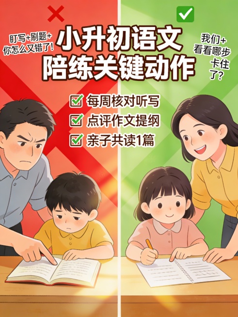 3:4对比插画，左侧红色❌：“盯写+刷题+你怎么又错了！”（家长皱眉，孩子低头）；右侧绿色✅：“协作复盘”场景：家长说“我们看看哪步卡住了？”，孩子指提纲点头。中间大字：“小升初语文陪练关键动作”。下预览效果