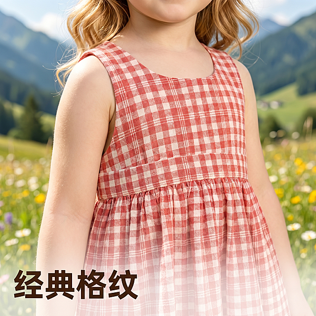 [主图 2] 女童红格纹连衣裙细节展示主图。[氛围风格] 清新自然户外童真风格，整体风格和光影与第一张主图完全统一。[画质] 商业摄影质感、光线柔和通透、产品清晰真实、画面干净高级。[元素] 保持小女孩和红白色格纹连衣裙的外观、颜色、材质质感与输入图片绝对一致，杜绝任何变形和色差，精细化处理。同一位金发卷发小女孩保持自然站立姿势，特写展示连衣裙腰部和格纹面料细节，人物腰部以上裁切，聚焦面料质感。商品主体占比严格控制在60%-80%之间，画面满铺无边框。背景仍为清新的户外花田草地，虚化处理突出面料细节。[光影] 晴朗白天自然侧光，光线柔和通透，整体画面明亮清新，光影层次自然，突出面料格纹肌理。[配色] 主色调为红白色格纹搭配淡绿色虚化背景，清新和谐。[视角构图] 平视特写拍摄，面料细节居中，突出格纹纹理质感。[文字版式] 左下负空间左对齐，不遮挡面料主体，卖点文字："经典格纹"，深棕色加粗字体，清晰易读。[比例分辨率] 1:1 比例，2k 分辨率；文字清晰可辨，超高清。[负向提示词] 变形，水印，文字错乱，产品图模糊，背景杂乱，遮挡主体，文字配色不清晰。