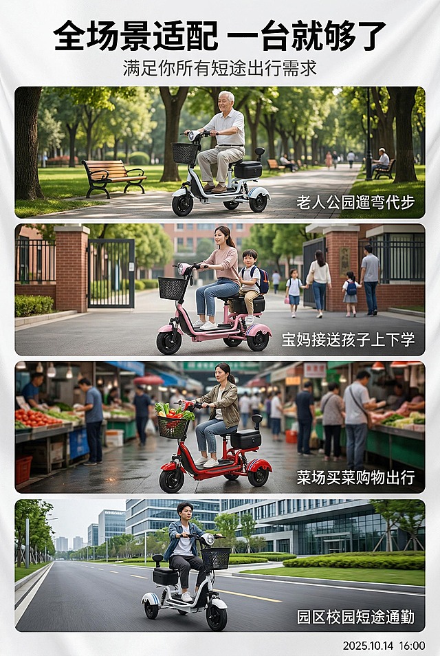 2:3竖版电商详情页全场景适配屏，8K超高清，写实商业摄影风格，自然环境光影，杂志级精致排版，整体风格与前屏统一。画面采用四宫格竖版排版，四个等大的场景格从上到下依次排列，每个场景格内均放置对应场景中的产品实拍，产品均1:1还原真实尺寸，与场景比例协调。四个场景分别为：第一格【老人公园遛弯代步】，白发老人骑行白色款车型在公园步道；第二格【宝妈接送孩子上下学】，年轻妈妈骑行粉色款车型带着孩子在校园门口；第三格【菜场买菜购物出行】，女士骑行红色款车型车篮装满蔬菜在菜场门口；第四格【园区校园短途通勤】，年轻人骑行白色款车型在园区道路。画面顶部居中放置加粗无衬线黑体主标题：“全场景适配 一台就够了”，主标题下方放置浅灰色副标题：“满足你所有短途出行需求”。每个场景格右下角对应标注场景名称。严格还原上传的产品图，包括车身设计、颜色、结构、所有细节；产品外观必须与参考图完全一致，不得改变车身设计、配色方案或结构元素；保持产品的真实材质质感；产品与场景、人物的大小比例协调，1:1还原真实物理尺寸，无突兀感。所有文字清晰醒目无变形，整体画面真实有代入感，风格统一。负面提示词：产品结构变形、车身细节缺失、颜色偏差、人物遮挡产品、字体模糊扭曲、画面杂乱、多余水印、多余品牌标识、低分辨率、噪点、暗角、背景杂乱、光影混乱、产品比例错误、场景与产品脱节、产品主体不突出、画面割裂感
