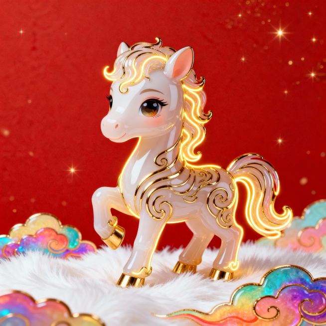 中国风插画大师杰作，中国春节特色，人物形态的Q版小马，旁边摆着一个护肤品，身形图案完整，美轮美奂。线条柔美灵动如流水缠绕，灵动，炯炯有神，兼具灵动与祥瑞神态。荧光金色线条沿轮廓游走，金色金属质感勾边凸预览效果