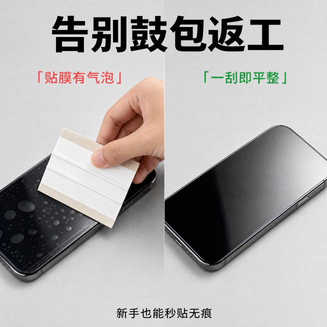 [主图-2] 展示手机贴膜刮卡使用效果核心卖点。
[氛围风格] 简约实用电商风，清晰直观
[画质] 商业摄影质感，光线柔和通透，产品清晰真实，画面干净高级
[元素] 左侧展示贴膜赶气泡过程，刮卡正在刮预览效果