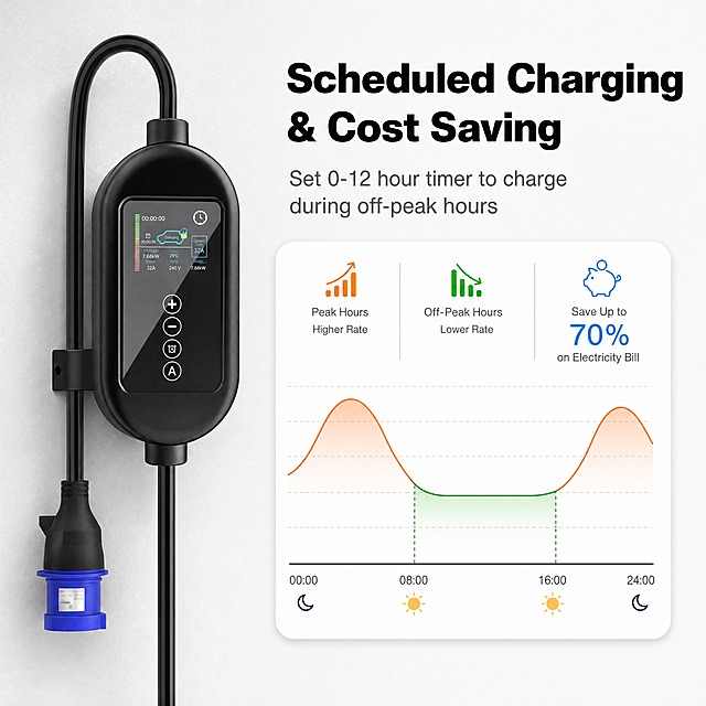 [详情图2] Scheduled Charging预约定时充电页，产品外观严格与输入图完全一致：长椭圆胶囊形控制盒、4圆按键竖排、蓝黑分体插头。
[商品] 使用【图1】真实产品图；严格保留所有外观特征。
[画面] 目标：展示预约定时充电省钱功能。构图：左侧长椭圆控制盒壁挂特写占画面38%，浅灰白色墙面，控制盒垂直壁挂，屏幕亮显充电数据，屏幕上有时钟图标；右侧上方标题+副标题，右下方大圆角白底数据卡片，卡片内顶部3个小图标分栏(橙色高峰/绿色低谷/蓝色省钱)，下方电价曲线图(橙色高峰曲线+绿色低谷区域)，底部时间轴配月亮太阳图标。整体干净明亮，纯白为主。
[视觉] 风格=速卖通简约纯白摄影风；背景=纯白+浅灰墙面；主色=蓝色(#4A90E2)仅用于标题和省钱数据；强调色=橙色(高峰)+绿色(低谷)小面积；标题色=纯黑色粗体；正文色=中灰色；组件=大圆角白底数据卡片、细线图表、柔和投影；光影=左前侧柔光，产品质感真实。
[文字] 右上英文主标题「Scheduled Charging & Cost Saving」粗黑大字；英文副标题「Set 0-12 hour timer to charge during off-peak hours」灰色小字；数据卡片内英文：「Peak Hours」Higher Rate、「Off-Peak Hours」Lower Rate、「Save Up to 70%」on Electricity Bill；底部时间轴00:00/08:00/16:00/24:00。全部英文横排，无中文。
[规格] 比例1:1方图，4K分辨率，负向提示：中文、深色背景、深蓝色块、控制盒形状变方、按键不对、变形、错字、模糊、水印。