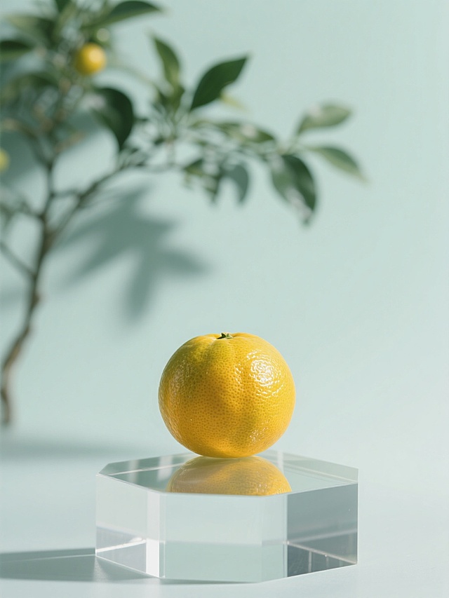 一个新会柑的特写，玻璃台子，背后是一片动态模糊有残影的新会柑树，淡绿色渐变背景