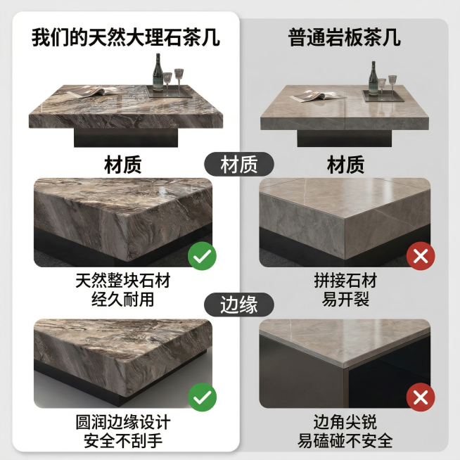保持这张天然大理石茶几vs岩板茶几对比图的所有内容、文字标注、对比逻辑和风格完全不变，只调整比例为1:1，重新排版所有内容让其完整适配1:1画布，不丢失任何信息，保留原有的对比项目和视觉效果预览效果