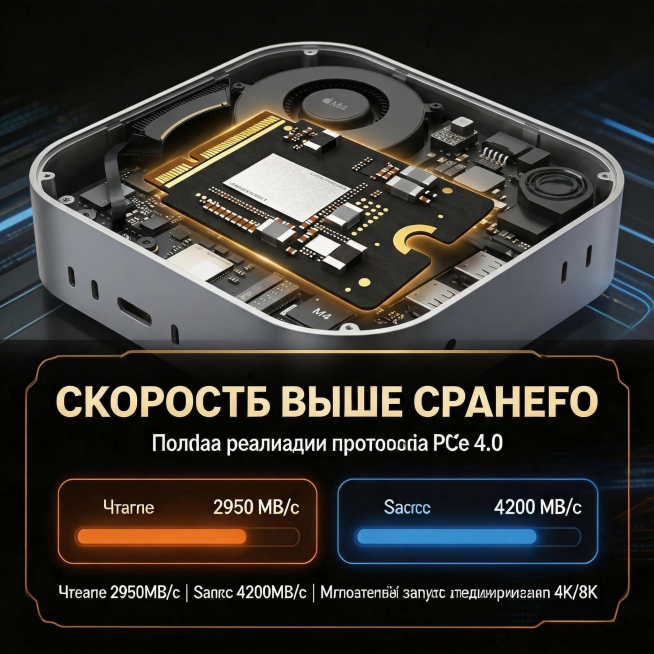 将图中的主机替换为严格匹配尺寸12.7×12.7×4.97公分的Mac mini M4，内部结构对应真实M4，保留原图的SSD、性能数据、俄文文案、背景光效全部不变，无水印、无价格、无亚马逊logo、预览效果
