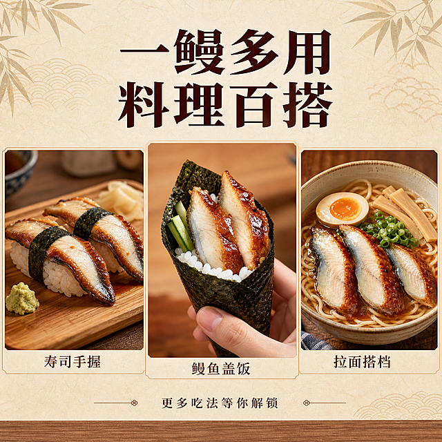 [主图-4] 一鳗多用场景图，主题为一鳗多用 百变料理，展示多种食用场景。
[统一基调] 日式日料风格，整体温润暖调，背景为浅米色和深木色搭配，点缀日式格纹、竹叶、浅木纹与和纸纹理；主标题字色为深酱红近黑色，粗宋/粗黑体厚重有力，辅助文案为暖棕色细黑体；整体排版舒展留白多，不紧凑。
[画面] 画面采用三格小窗拼贴式布局，每格展示一种鳗鱼吃法：左上格是鳗鱼寿司手握，2贯寿司摆在寿司板上，配姜片与山葵；右下格是鳗鱼拉面，溏心蛋、笋干与鳗鱼片同碗；中间主格是鳗鱼手卷，海苔包裹米饭与鳗鱼片，被一只手轻轻拿起；三格之间用浅木色细边框分隔，背景为统一的浅米色和纸底纹；鳗鱼片在各场景中保持外观一致，酱色油亮，肉质肥厚。
[光影质感] 各格均为暖调自然光，食物光泽自然，整体统一协调，日式料理店精致感。
[配色] 浅米白+木棕主调，酱红食物色点缀，字色深酱红。
[文字版式] 顶部居中主标题「一鳗多用 料理百搭」四字对四字，大号粗体；三个小窗下方分别标注小字「寿司手握」「鳗鱼盖饭」「拉面搭档」；底部一行小字「更多吃法等你解锁」；文字居中对齐，上下留白充足。
[输出要求] 1:1正方形，2K高清，三格布局清晰，各场景鳗鱼片外观一致，文字清晰，禁止变形、错字、杂乱、平台logo。