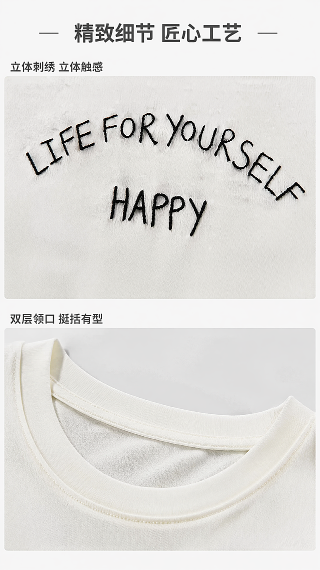 [第4屏] 工艺细节页-展示胸前刺绣与双层领口工艺。本屏使用【图1】白色T恤，分两个特写区域展示细节。
[标题版式] 顶部主标题，下方宫格布局分两格展示细节，每格配小字说明，简约干净。
[氛围/风格] 细节特写质感，清晰真实突出工艺优势，浅素背景让细节更醒目。
[元素布局] 2宫格布局：上格放大展示胸前立体刺绣，呈现法国结工艺微凸立体感；下格放大展示双层叠缝领口，呈现挺括有型的层次结构，保持纹理和走线与原图一致，背景浅灰色卡纸衬托。
[光影质感] 局部柔光突出肌理，刺绣纹理和缝线清晰可见，立体感真实自然。
[配色色系] 全局底色 #F6F6F6，主色浅灰，深灰文字，商品本身颜色保持不变。
[视角构图] 特写平视，两个细节区域均分画面，各占一半，清晰展示核心工艺。
[文字版式] 顶部主标题「精致细节 匠心工艺」，上格副标题「立体刺绣 立体触感」，下格副标题「双层领口 挺括有型」，文字小巧清晰，不遮挡细节。
[比例分辨率] 9:16 竖版比例，4K分辨率，文字清晰可辨。
[负向提示词] 细节模糊，刺绣变形，领口结构错误，文字过大遮挡细节。