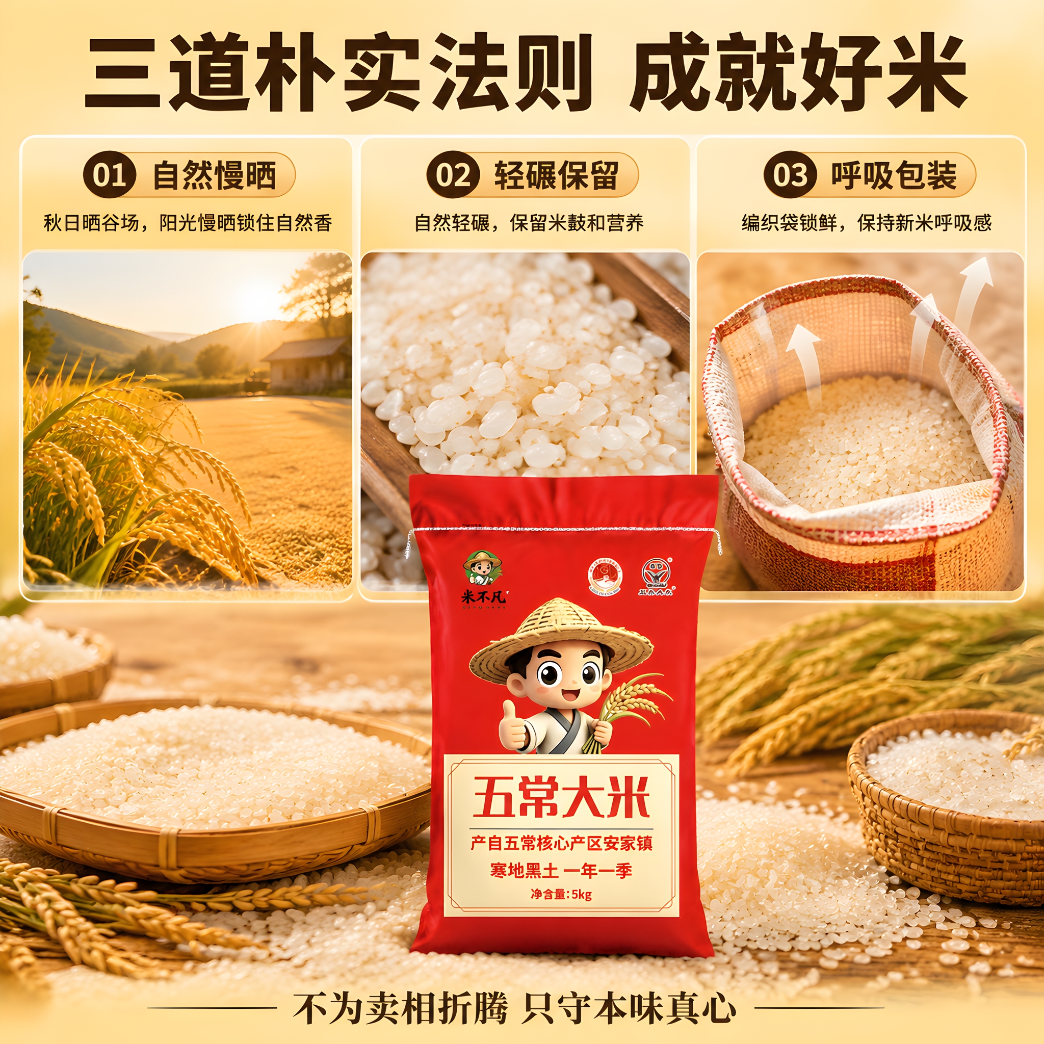 拼多多风格电商主图 工艺特点 自然慢晒轻碾 不抛光不打蜡 编织… - 图片创意预览