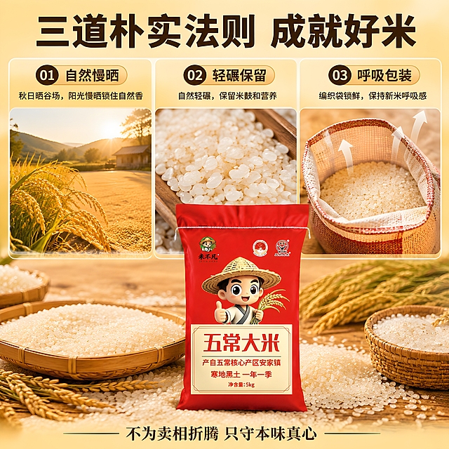 拼多多风格电商主图 工艺特点 自然慢晒轻碾 不抛光不打蜡 编织袋呼吸装 画面分三个小场景横向排列 左 秋日晒谷场 稻穗在阳光下晾晒 中 轻碾加工后的米粒 保留米麸 右 编织袋特写 袋口敞开 能看到里面的米粒 呼吸感示意 底部中央放完整的米不凡编织袋产品 背景暖黄色调 自然阳光 晒谷场明亮 米粒哑光真实 编织袋纹理清晰 整体暖调 金黄米白为主 红色产品点缀 文字深棕黑色 顶部大主标题 三道朴实法则 成就好米 粗黑字 下方三个对应标签 自然慢晒 轻碾保留 呼吸包装 底部小字 不为卖相折腾 只守本味真心 1:1正方形 三场景清晰 产品完整 禁止错字 模糊 变形 水印 平台Logo