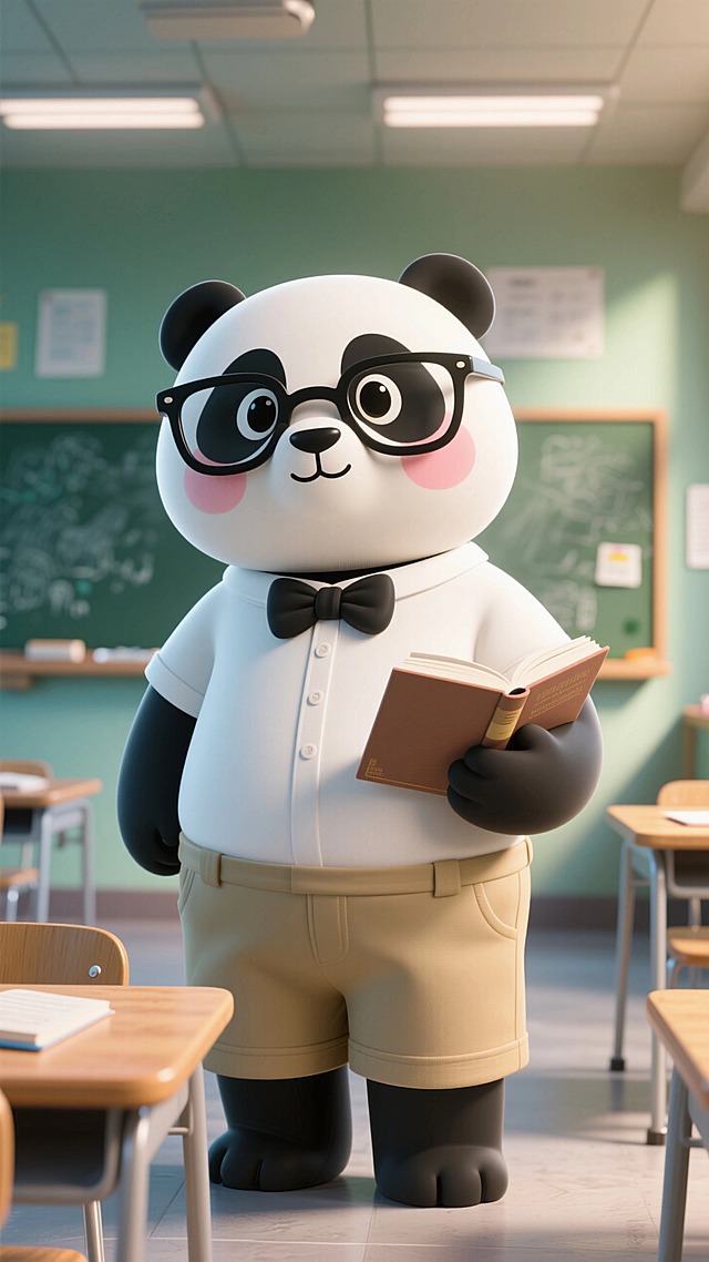 卡通熊猫形象的教师角色。熊猫体态圆润，戴黑框眼镜、黑色领结，穿简约白上衣与卡其色短裤，双颊带腮红，手持书本，表情温和治愈，萌趣，课堂场景