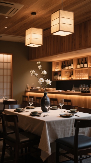 温馨雅致的日式怀石料理餐厅内部场景，暖色调木质装潢与深色餐桌形成沉稳对比，天花板悬挂着散发柔和暖光的方形和纸灯笼吊灯，中央摆放着插有白色花枝的深色陶瓷高瓶，餐桌铺着素雅的浅色桌布并整齐摆放着精致的日式餐具与高脚酒杯，背景可见木质酒架与柔和灯光点缀的吧台，整体氛围宁静而富有禅意，光影柔和细腻，营造出静谧舒适的用餐环境。预览效果
