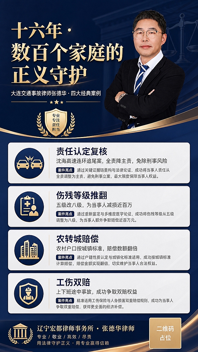 律师案例成果宣传海报，竖版9:16。画面上方为律师形象照（保留原图人物），下方为四大案例展示区。深蓝色背景，商务专业风格，金色装饰元素。

顶部主标题（金色大字体）："十六年 · 数百个家庭的正义守护"
副标题（白色字体）："大连交通事故律师张德华 · 四大经典案例"

中部四个案例卡片（白色半透明底，深蓝色标题，灰色小字说明），从上到下排列：
1. "责任认定复核" — 沈海高速连环追尾案，全责降主责，免除刑事风险"
2. "伤残等级推翻" — 五级改八级，为当事人减损近百万"
3. "农转城赔偿" — 农村户口按城镇标准，赔偿数额翻倍"
4. "工伤双赔" — 上下班途中事故，成功争取双赔权益"

底部："辽宁宏都律师事务所 · 张德华律师"

画面中所有二维码区域使用纯色方块占位符呈现，方块中央标注"二维码占位"文字，严禁生成任何可识别的二维码图案。
画面中所有信息区域、案例卡片必须填充完整合理的内容，不得出现空白框、空白占位、横线待填写区域、空列表项、空单元格。
版式精美，信息分区清晰，专业商务风，2K超清画质