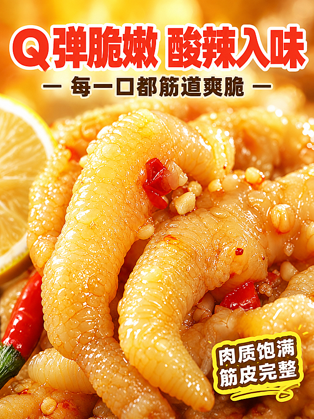 [商品] 使用【图1】酸辣柠檬去骨鸡爪特写图；保留鸡爪Q弹透亮质感、红色辣椒碎、蒜末、左侧柠檬片、整体暖黄色调；保留鸡爪结构、纹理、光泽和油润感。
[画面] 目标：食欲头图，适配快手详情页3:4竖版尺寸。构图：上方标题区+中部鸡爪主体满版特写+右下角卖点文字，主体占画面70%，前景鸡爪清晰饱满，背景虚化光斑营造食欲氛围。
[视觉] 套系策略：风格=美食商业摄影，高饱和暖调食欲感；标题字=粗黑体带白色描边；正文字=圆润黑体；主色=暖橙黄；背景延展=暖黄渐变+焦外光斑；强调色=正红色；标题色=正红+白描边；正文色=深棕黄；组件=圆角标签、下划线装饰；光影=顶侧暖光，油润高光突出。
[文字] 顶部主标题"Q弹脆嫩 酸辣入味"（大字红底白边），副标题"每一口都筋道爽脆"（深棕色小字居中），右下角"肉质饱满 筋皮完整"（白字黄底圆角标签）；全部横排，不遮挡鸡爪主体。
[规格] 图片比例3:4竖版（宽750px高1000px），分辨率2K，质量medium；避免变形、模糊、文字过小、冷色调、鸡爪结构失真。