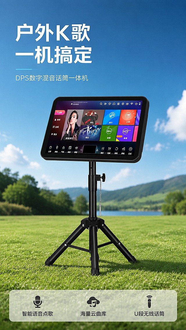 .产品名称是：DPS数字混音话筒一体机
2.卖点：多国语言切换/语音点歌/支持全球使用/智能语音K歌/带有dsp混音器/高清电容触摸显示屏/可以观看电影/互联网升级/U盘加歌/U段无线话筒/安卓双系统/海量云歌曲库/手机轻松点歌
3.主打场景：户外场景
4.图片风格需要以简洁为主，多为户外场景，少数灰白场景插入即可
5.卖点功能需要重点展示「图片1」「图片1」