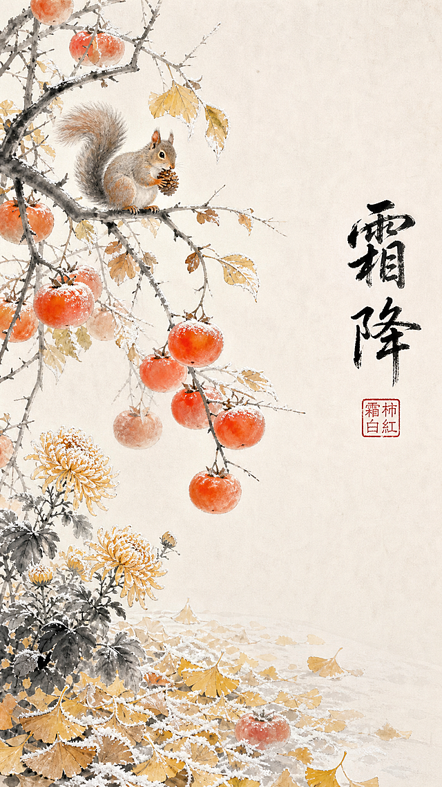 传统国风插画，描绘霜降时节柿红叶落，松鼠栖枝，水墨晕染与细腻工笔结合，展现秋末冬初的静谧之美。