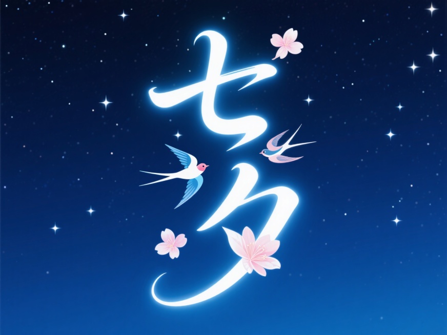 竖向白色边缘发光文字"七夕"。创意书法字体设计点缀喜鹊图案、花瓣元素，线条流畅，高级感，深蓝夜空背景，繁星点点。预览效果