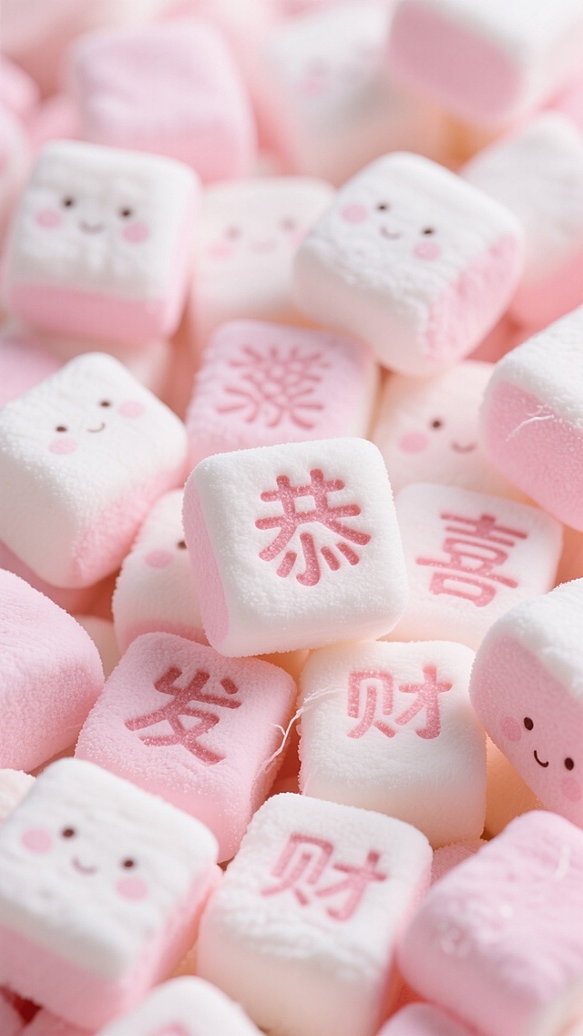 画面中是大量棉花糖方块，上面都印有“恭”“喜”“发”“财”等字样，字体圆润可爱，颜色以粉色和白色为主。
