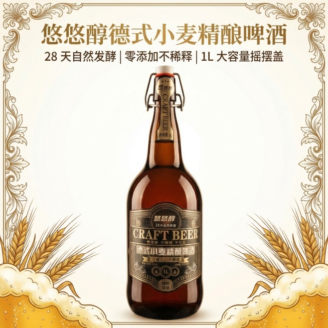 [垫图] https://dify-grsai.dancf.com/images/4d35384fe20c41a290aac5eef51ddba1.png
悠悠醇德式小麦精酿啤酒淘宝主图，专业高端复古预览效果