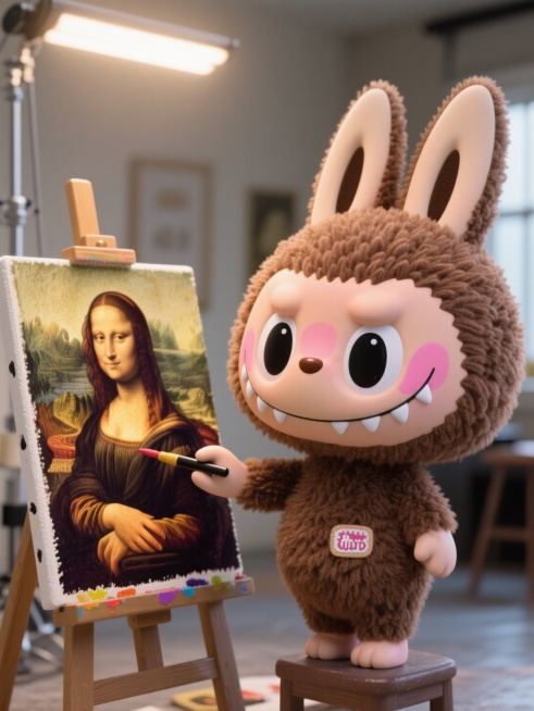 它在画画，画的是蒙娜丽莎，背景光源充足的画室预览效果