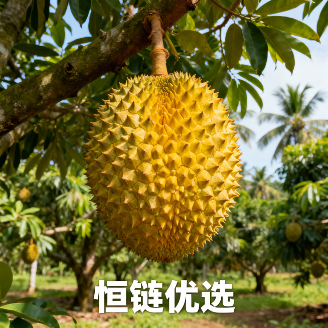 一颗饱满金黄的榴莲长在茂密的榴莲树上，热带自然果园背景，画面底部清晰显示四个汉字"恒链优选"，整体清新自然，色彩鲜艳预览效果