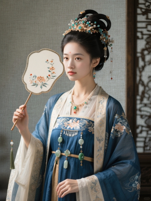 穿华丽的唐朝时期古风汉服，蓝靛盘发和各色珠宝的头饰，几颗宝玉坠饰别在腰间，手持一把精致的团扇，一半的面部有轮廓光，中式背景预览效果