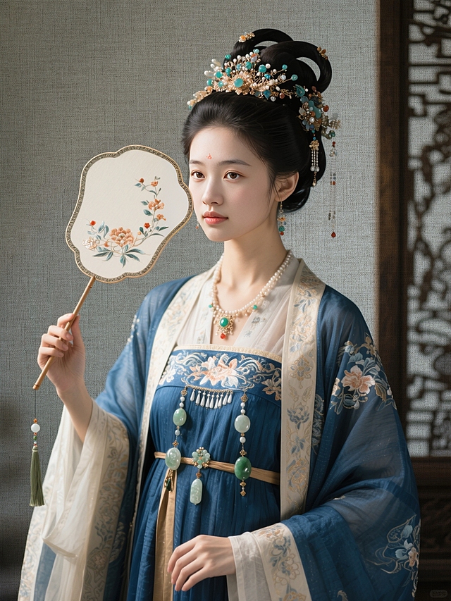 穿华丽的唐朝时期古风汉服，蓝靛盘发和各色珠宝的头饰，几颗宝玉坠饰别在腰间，手持一把精致的团扇，一半的面部有轮廓光，中式背景