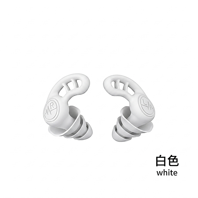 按照原图样式生成白色硅胶降噪耳塞sku图，右下角添加文字：白色 white，保持原图的构图布局、产品造型和纯白底背景不变，只修改耳塞颜色