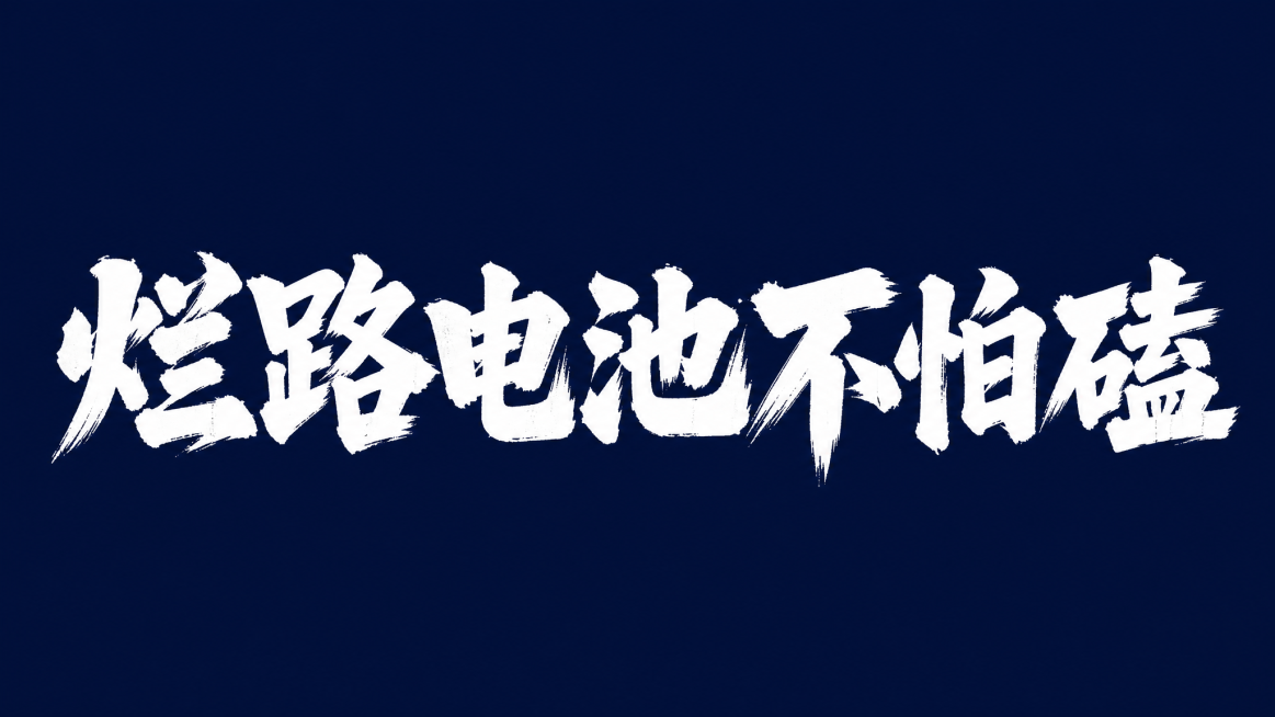 白色字体，深蓝色背景，干净的背景，创意手写体字体设计六个字"烂路电池不怕磕"，所有文字单行横向排列，将字体进行大幅度抽象变形。笔画极粗重呈现块面感，毛笔书写带有自然飞白，笔画末端自然散开呈毛躁质感，整预览效果