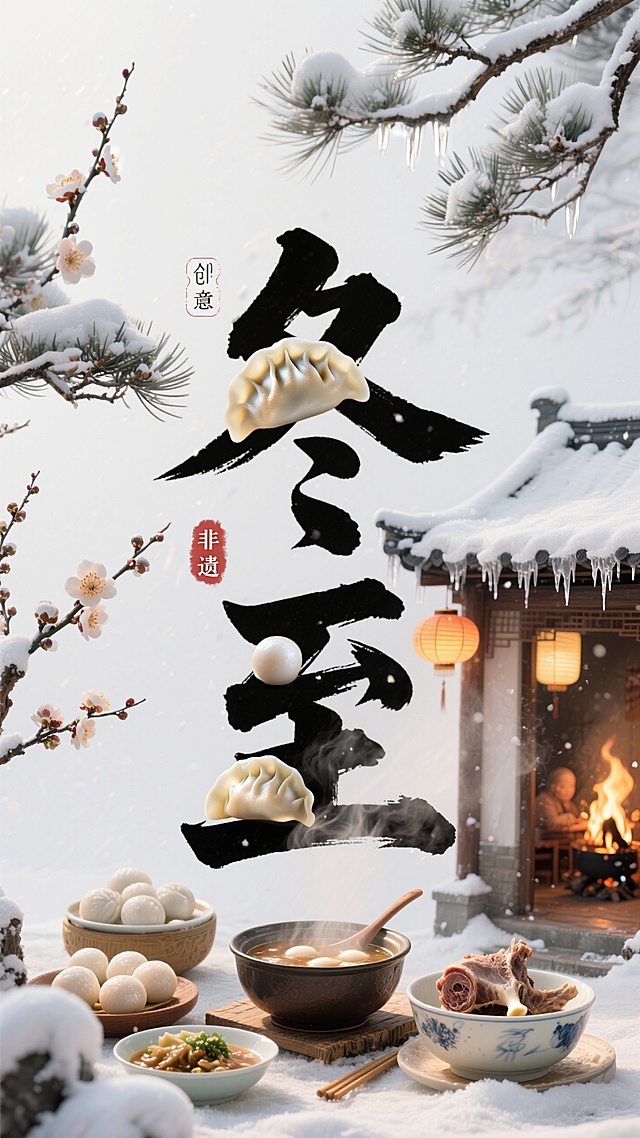 中国风非遗创意字体设计，插画海报，白色背景，文字"冬至"，"冬"字内笔画嵌入饺子、汤圆、羊肉汤等冬令小吃，辅以积雪的松枝与绽放的腊梅图案。"至"字内笔画嵌入围炉夜话场景、屋檐冰棱、灯笼映雪的庭院等冬日景象。