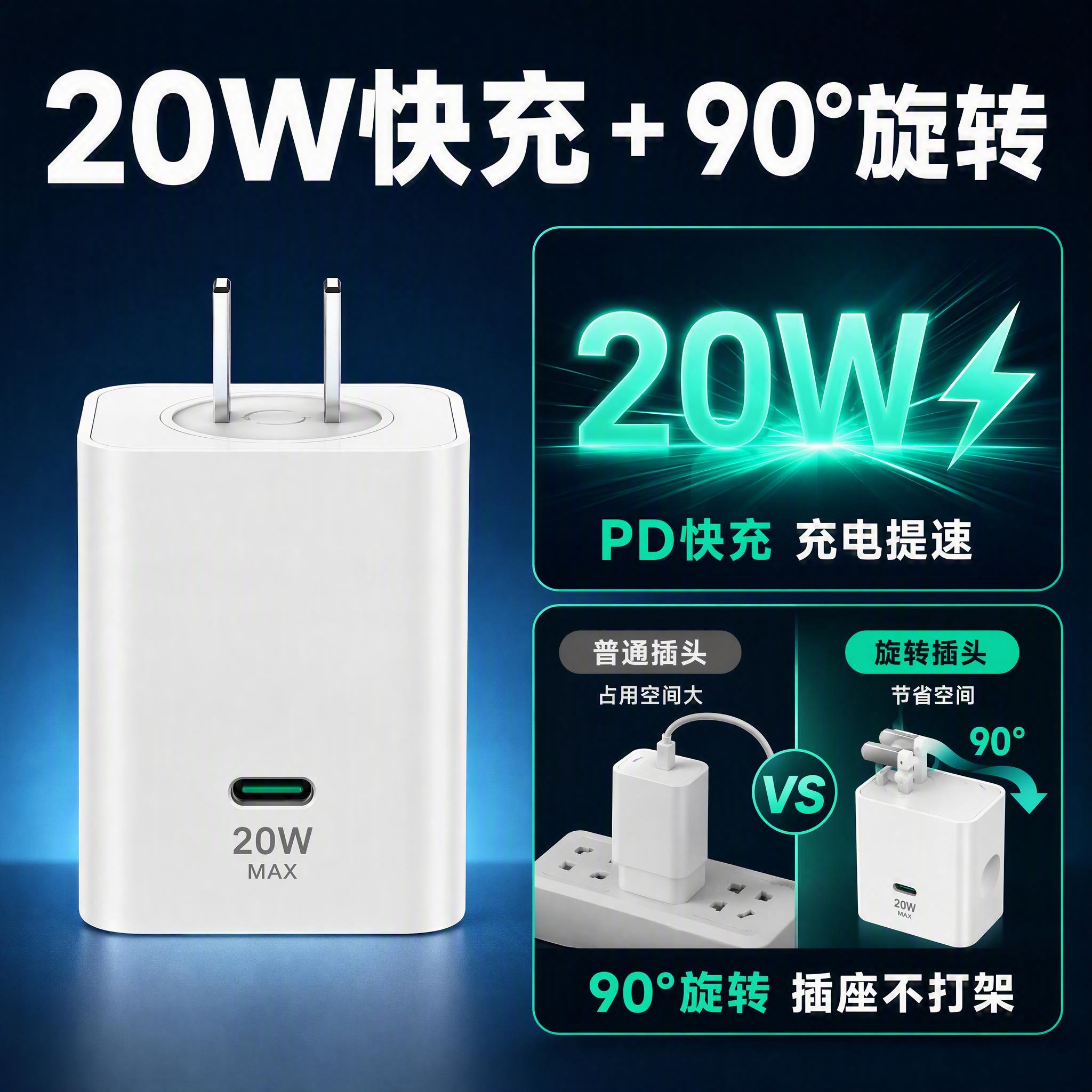 [主图-2] 主题：核心价值卖点图，突出20W快充与旋转插头两… - 图片创意预览