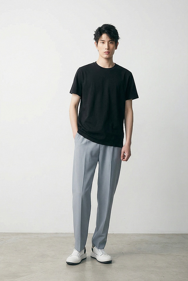 服装贴合：将白底图衣服穿到模特身上。衣服完全贴合模特身形，无违和感，保留白底图衣服原有版型 
场景：灰色地面与白色背景，光线自然，背景简洁
画质要求：写实，8k，高细节，对焦清晰，光线自然，无变形