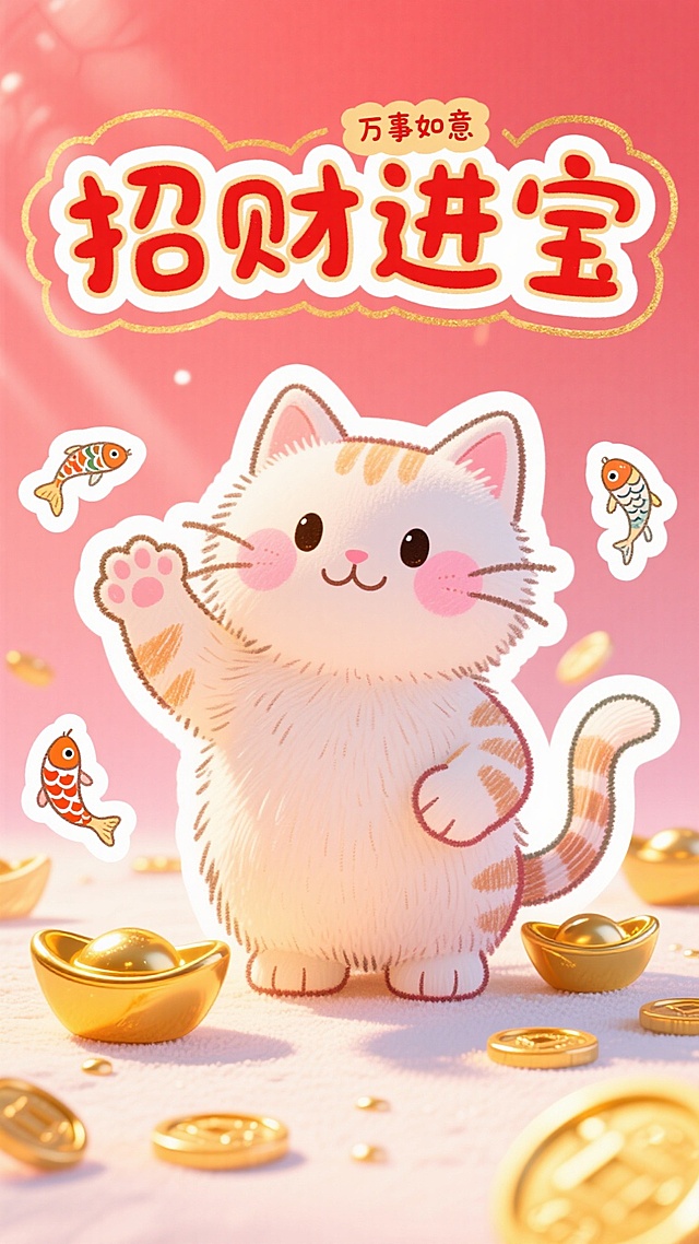 软3D风格的拟人招财猫，毛发生长质感细腻，卡通插画风呈现喜庆氛围，鎏金元宝与锦鲤环绕，传递新年好运与财富祝福。