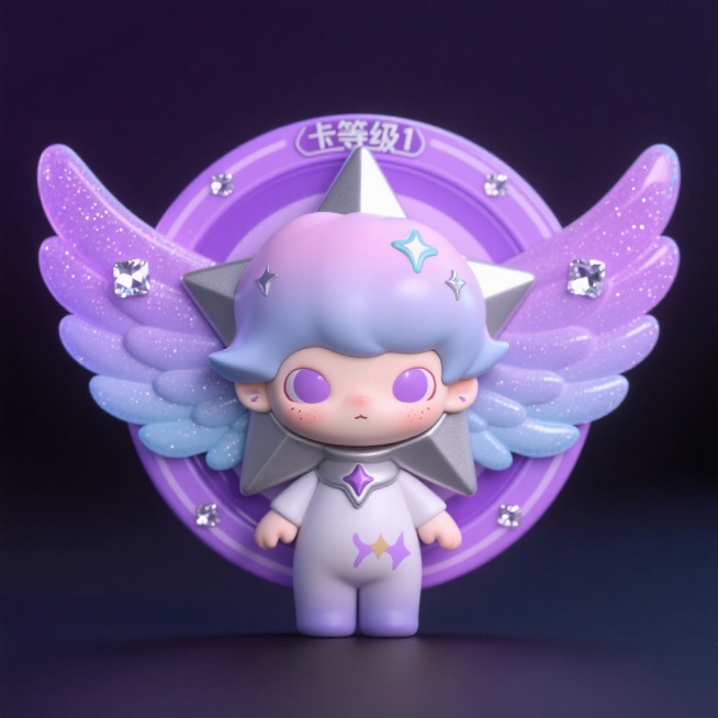 幻想卡通风徽章，等级1，圆形紫色渐变徽章，中心灰色渐变多角星形，宽大分层翅膀带细闪和钻石点缀，整体呈现3D潮玩风格，精致可爱，高细节，光影效果丰富预览效果