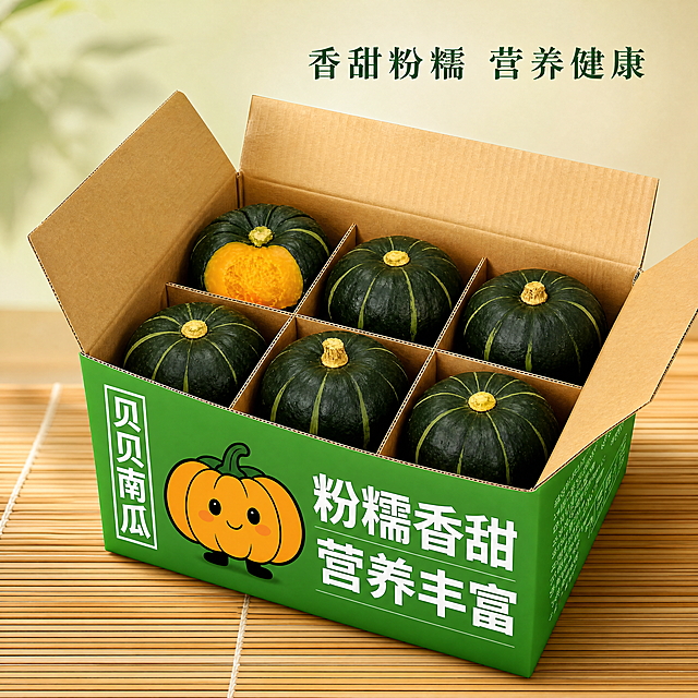 [主图-5] 贝贝南瓜礼盒包装展示，突出产品品质与送礼属性。[氛围风格] 高档精致，突出产品品质。[画质] 商业摄影质感、光线柔和通透、产品清晰真实、画面干净高级。[元素] 打开的贝贝南瓜礼盒展示，排列整齐的贝贝南瓜，礼盒设计绿色清新，印有可爱南瓜图案。保持贝贝南瓜和礼盒外观与输入产品图绝对一致，杜绝任何变形和色差，精细化处理。商品主体占比严格控制在60%-80%之间，画面满屏无边框。[光影] 柔和影棚光，均匀照亮产品，突出包装质感。[配色] 主色调为绿色（包装）和深绿色（南瓜），清新干净。[视角构图] 45度斜侧视角，展示礼盒整体和内部产品。[文字版式] 礼盒正面已有品牌文案，顶部留白处添加小字“香甜粉糯 营养健康”深绿色。[比例分辨率] 1:1比例，4k分辨率，文字清晰锐利，画面超高清。[负向提示词] 变形，水印，文字错乱，产品图模糊，背景杂乱。